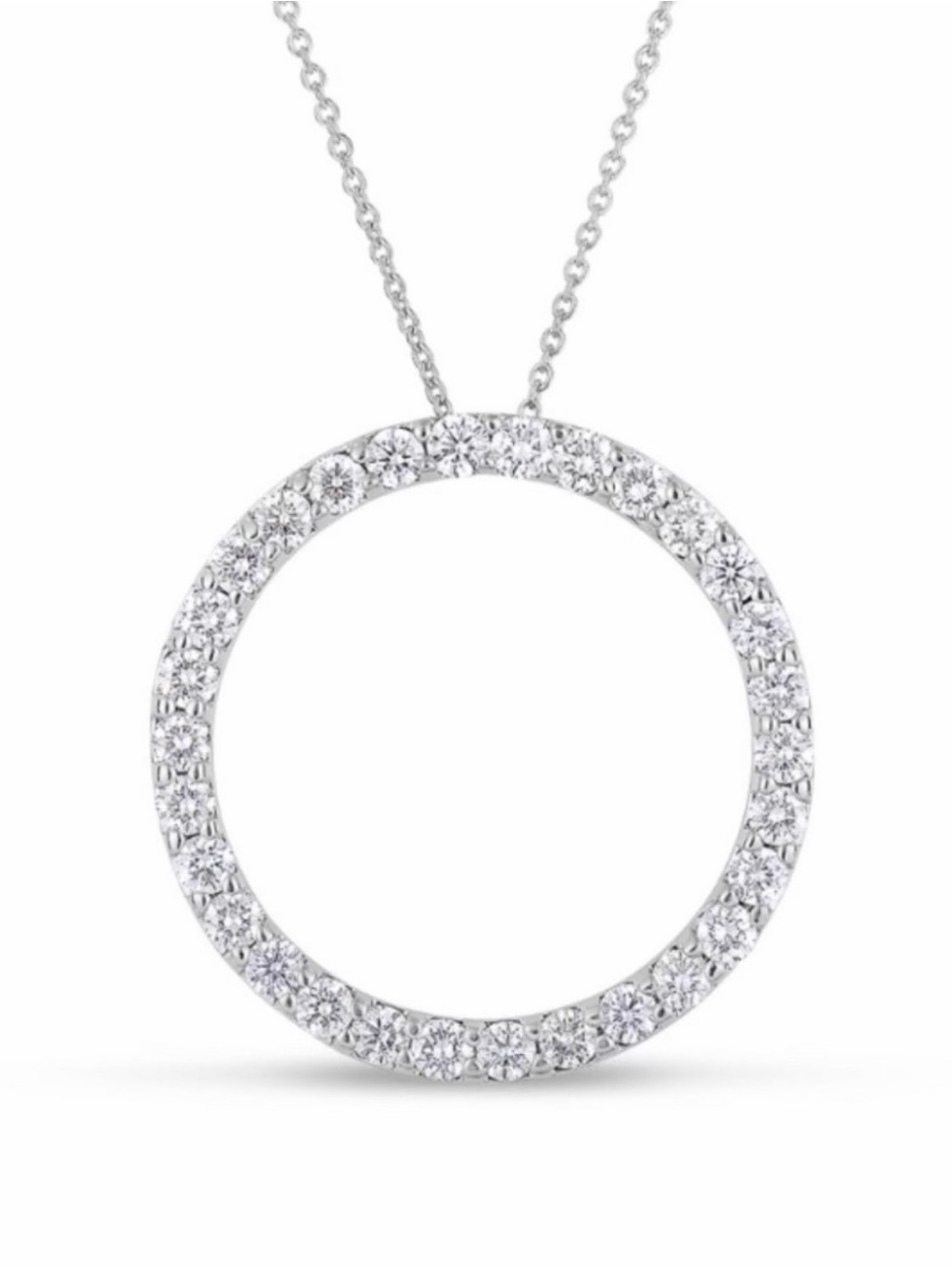 Roberto Coin Tiny Treasures Diamond and 18K white gold circle pendant necklace.